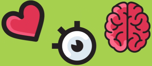 Composição formada pelos desenhos de um coração, um olho piscante e um cérebro